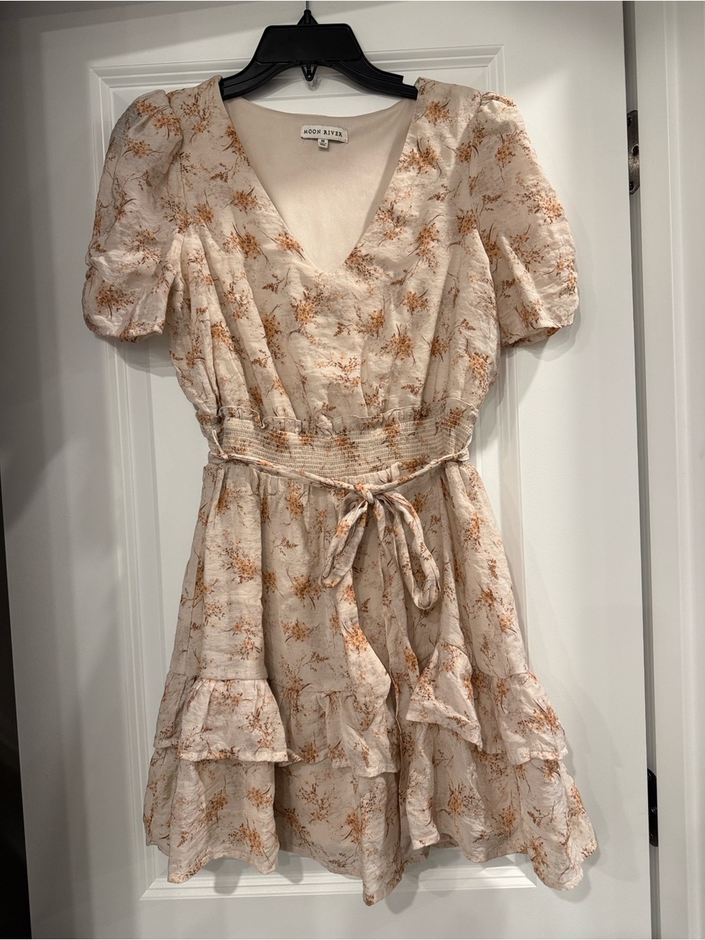 Moon River Cream & Brown Floral V-Neck Tiered Mini Dress